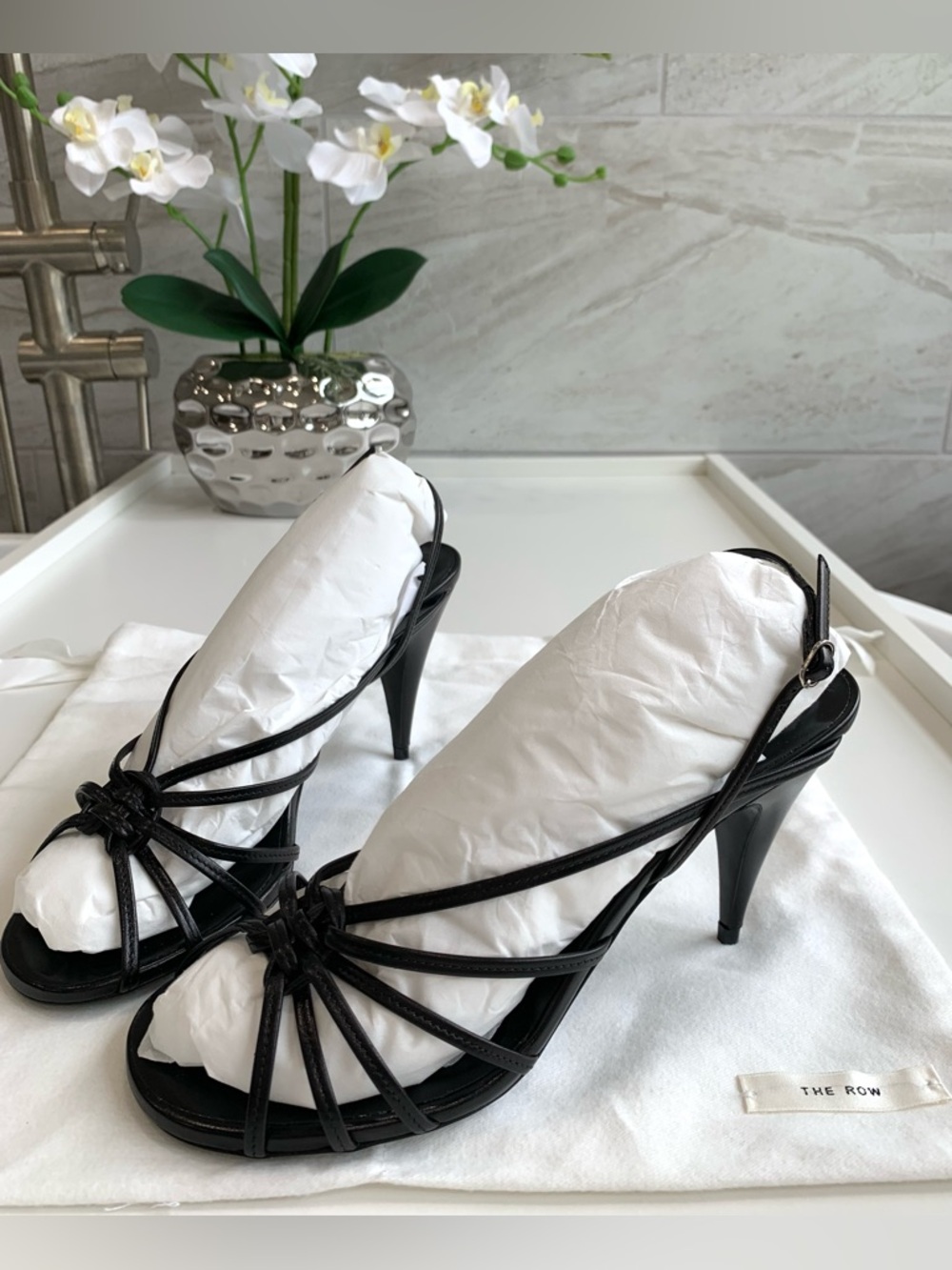 The Row Black Leather Strappy Knot Detail  Slingback Sandals,Size EU37.5/US 7.5. - Picture 4 of 14